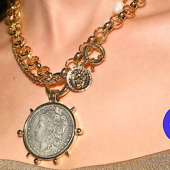 Liberty Coin Statement Necklace Large Chunky Clavicle Choker Two Tone - Picture 2 of 4
